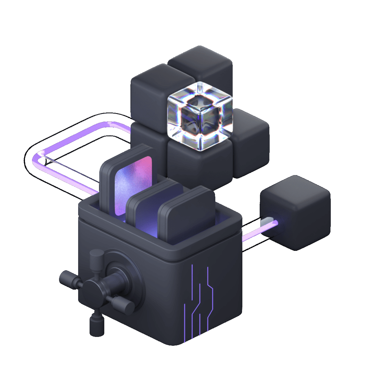 Animated illustration of AI neural network integrated with blockchain technology